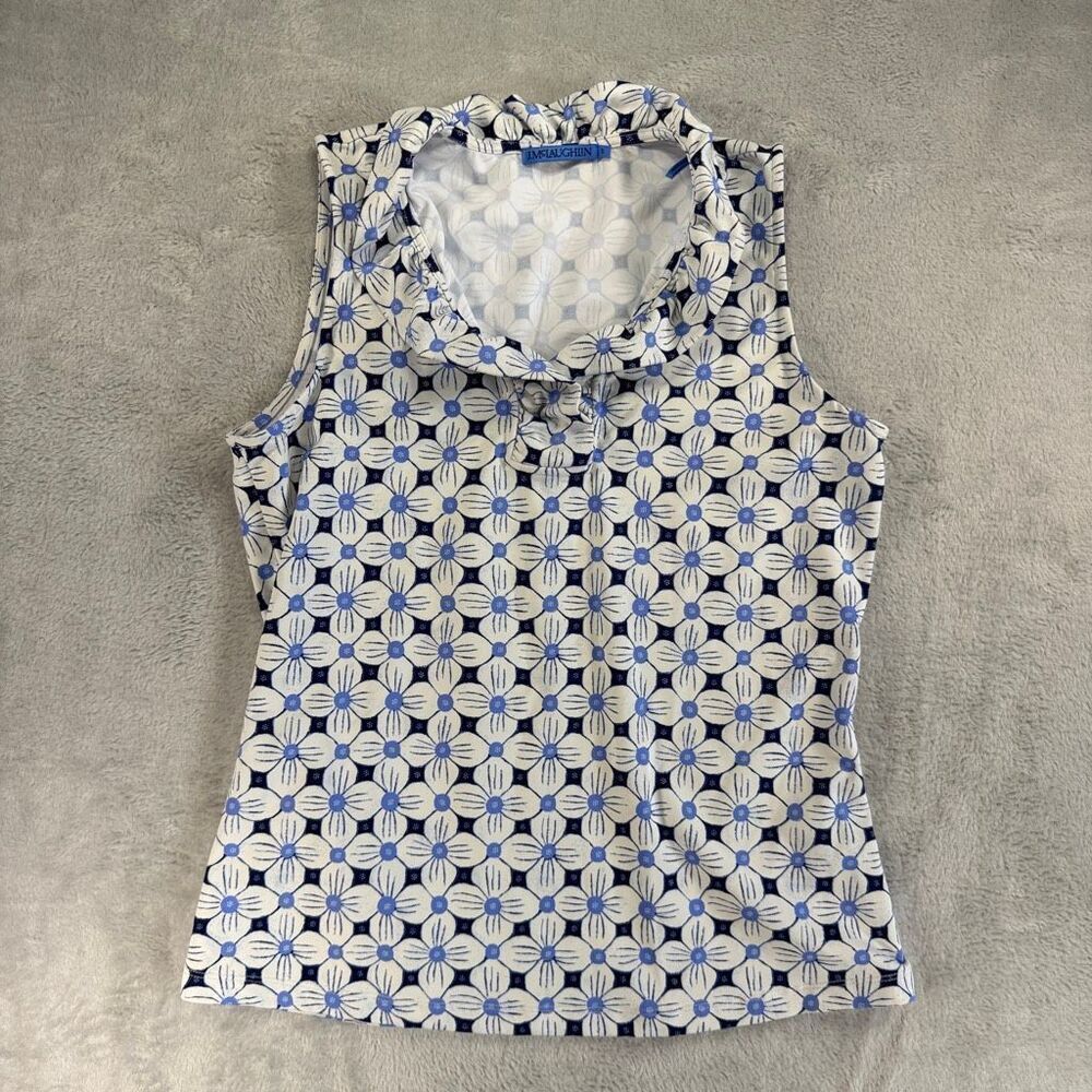J. McLaughlin Blue Pop Tulip Durham Catalina Sleeveless Ruffle Top Size Small B
